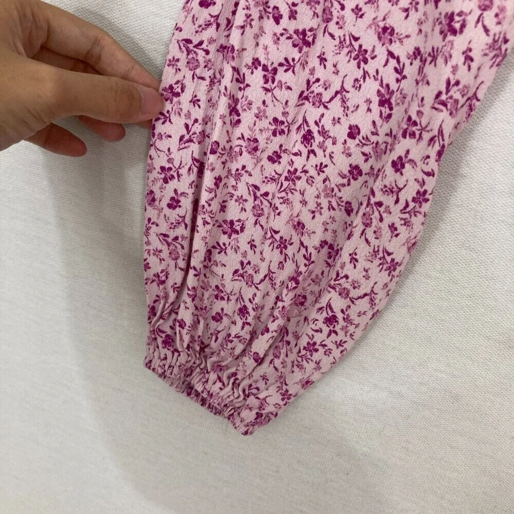 ASTR Purple Ditsy Floral Lace Mock Detail Puff Sleeve Crop Top Small‎